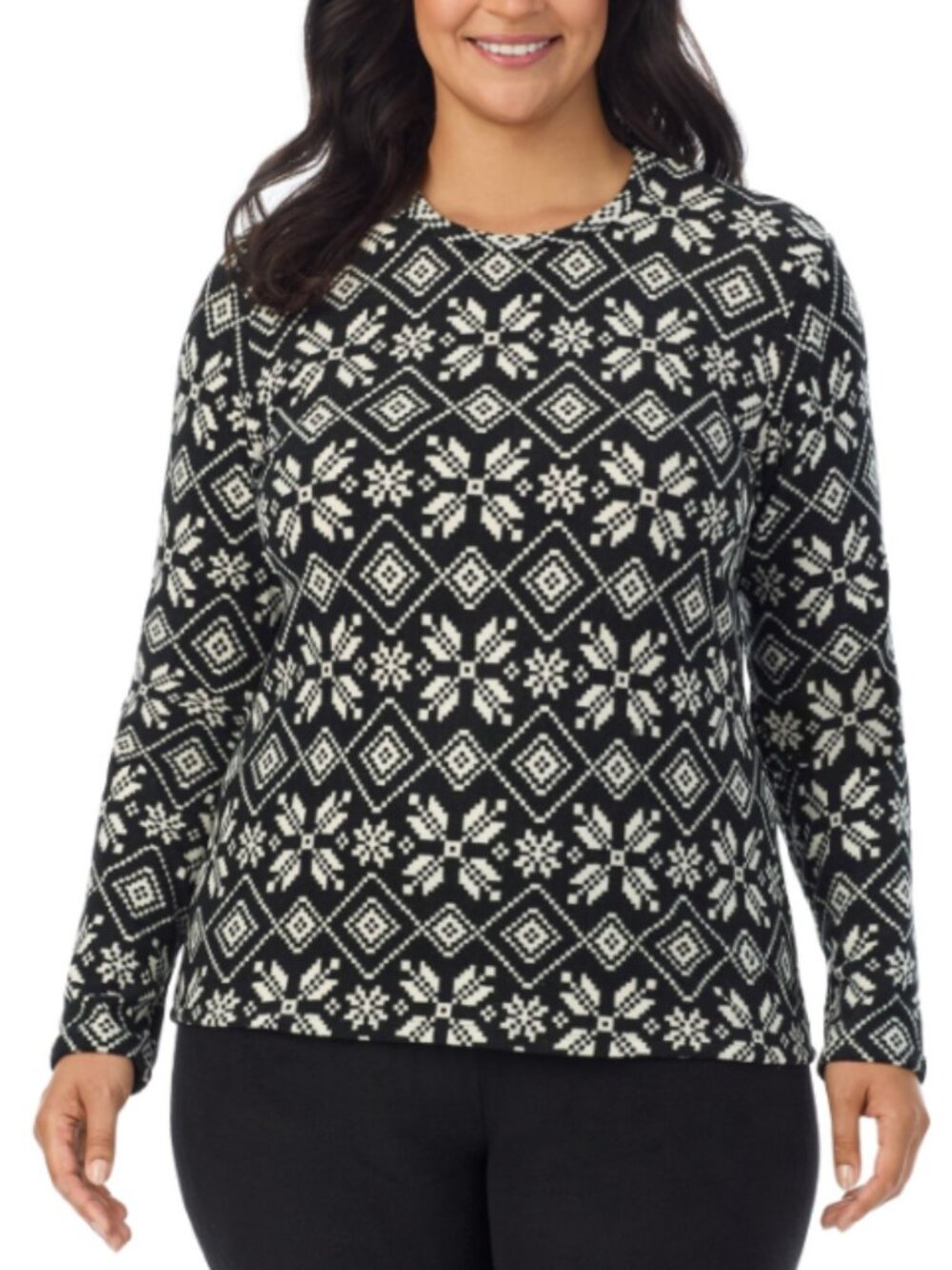 Cuddl Duds Plus Size Fleecewear Long-Sleeve Crewneck Top - Black Print